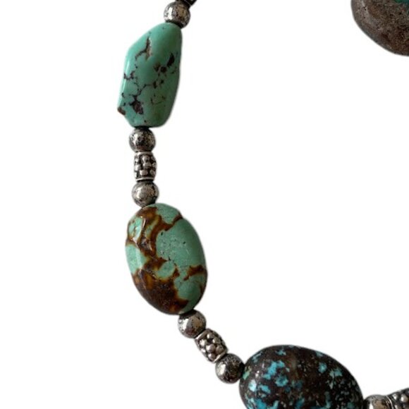 Turquoise Stone Bead Oval Nugget Sterling Silver Bracelet Hand Crafted Chunky - Picture 6 of 9